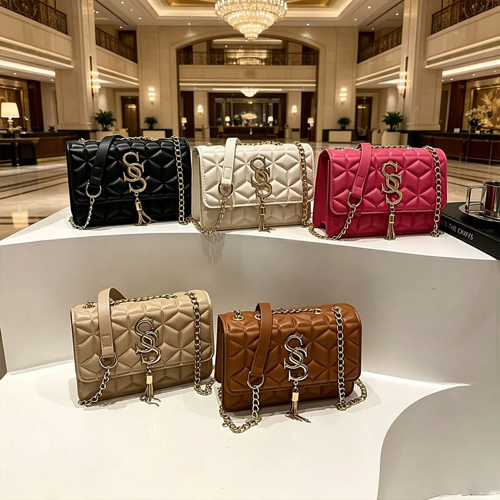 Fashionable Small Fragrant Style Argyle Quilted Small Square Bag Metal Letter Tassel Diagonal Cross Bag Commuter Shoulder Bag