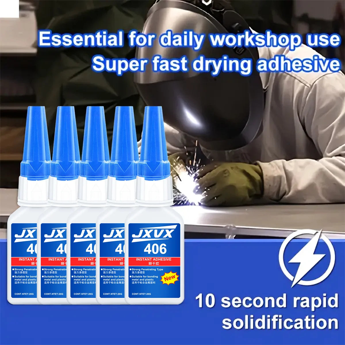5 Pieces of Super Strong Glue 406, 10 Seconds Instant Drying, Waterproof, Good Stability, Full Bonding Tool. Suitable for Wood, Plastic, Ceramics, Metal, Rubber, Office Tool