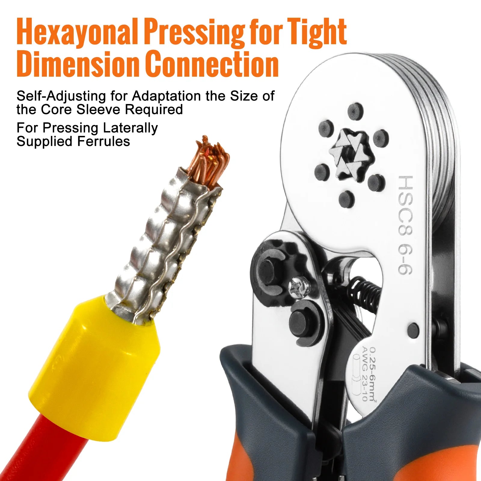 Hexagonal Ferrule Crimp Tool Wire Ferrule Crimping Tool HSC8 6-6/6-4 Self-adjustable Ratcheting Crimper for AWG23-10 0.25-6.0mm²