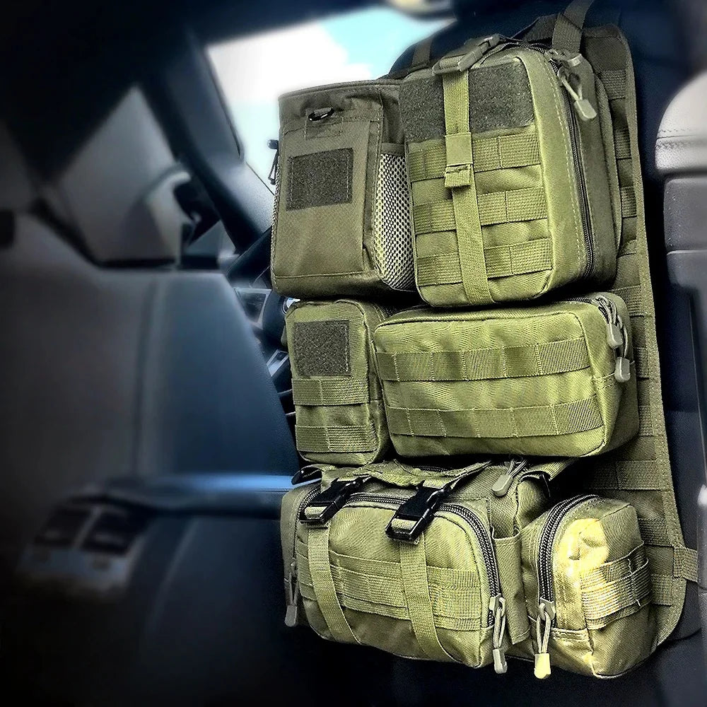 Tactical Car Seat Back Organizer Tactical Vehicle Panel Organizer with 5 Detachable Molle Pouches Universal Fits Most of Vehicle