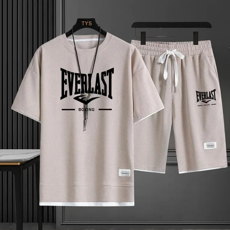 EVERLAST New Summer Men's Daily Casual Breathable Comfortable Loose Sports Set Fashion Brand Men's Waffle Top+Shorts 2-piece Set