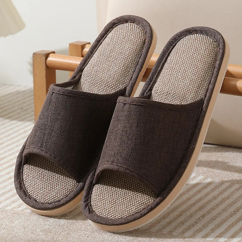 Autumn Winter Women Floor Slippers Retro Linen Open-toe EVA Thick Bottom Casual Sandals Indoor Home Couples Slippers Shoes