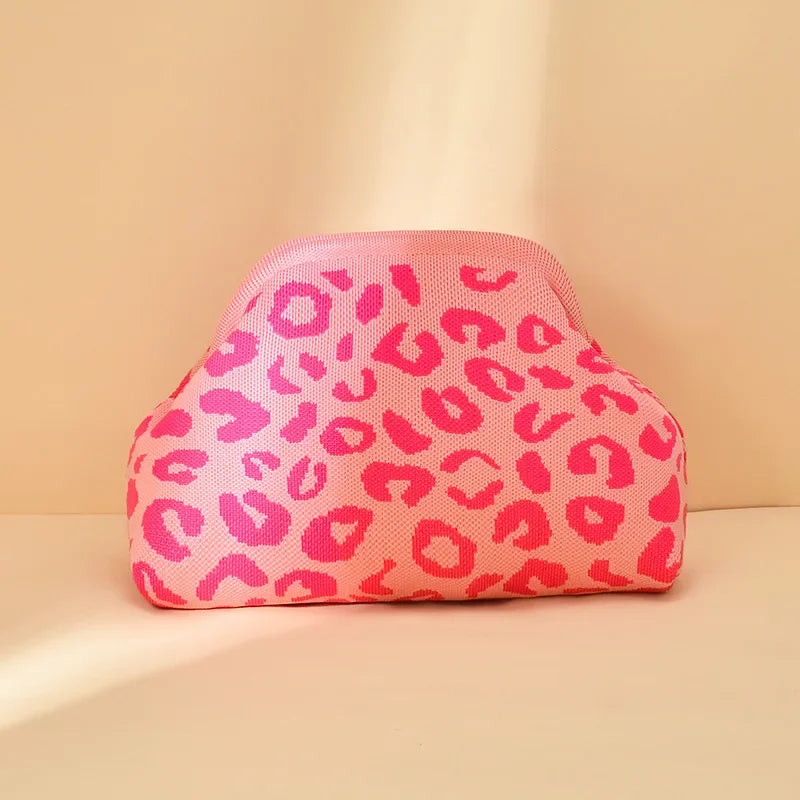Leopard Print Knitted Clutch Bag Large Capacity Foldable Cloud Ruched Block Grid Clip Bag for Women Beach Crossbody Handbag
