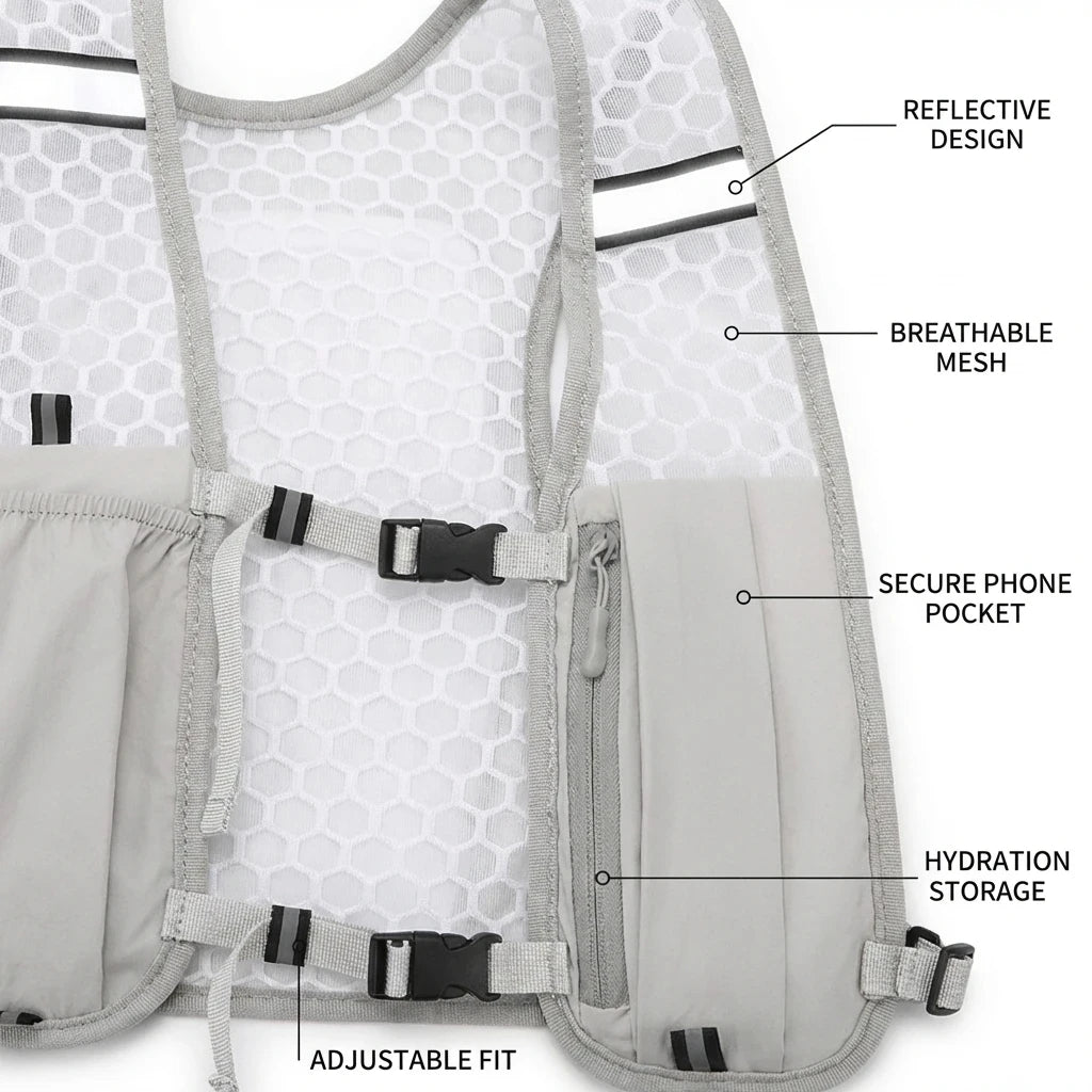 Lightweight Running Vest with Phone Holder New Reflective Hydration Water Chest Pack Storage for Sports Water Bottle