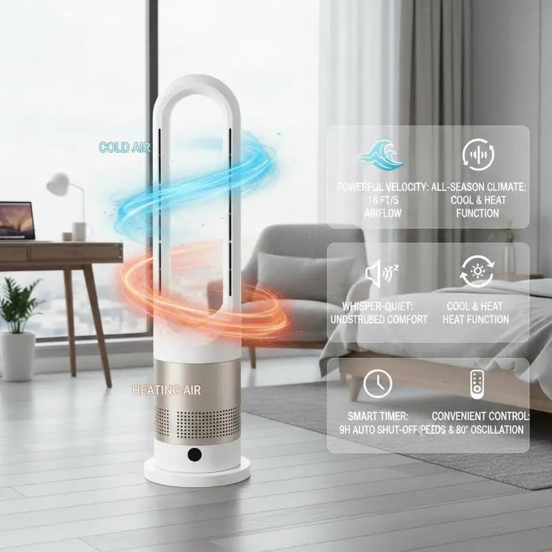 Bladeless Column Fan 40-Inch For Bedroom Office Home, 16ft/s Velocity Hot Cold Airflow 80° Oscillation 8 Speeds 9H Timer Remote Control Vertical Floor Fan