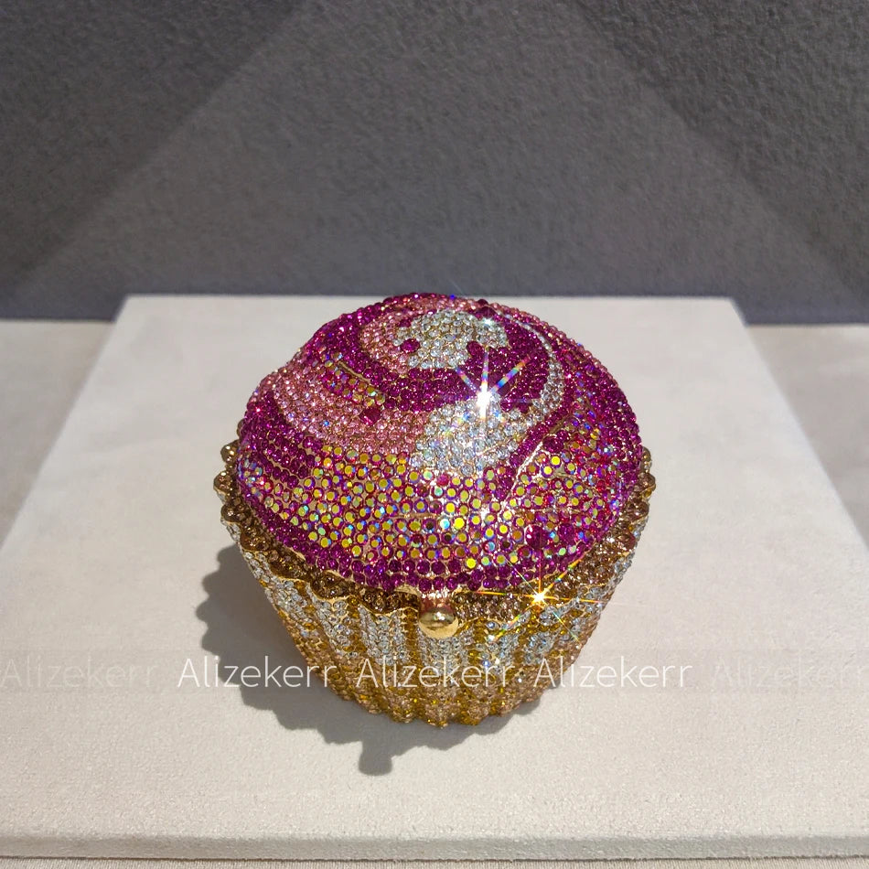 Alizekerr Cupcake Shape Rhinestone Evening Bag Women Chic Sparkly Diamond Mini Metal Clutch Purse And Handbag Wedding Party Prom