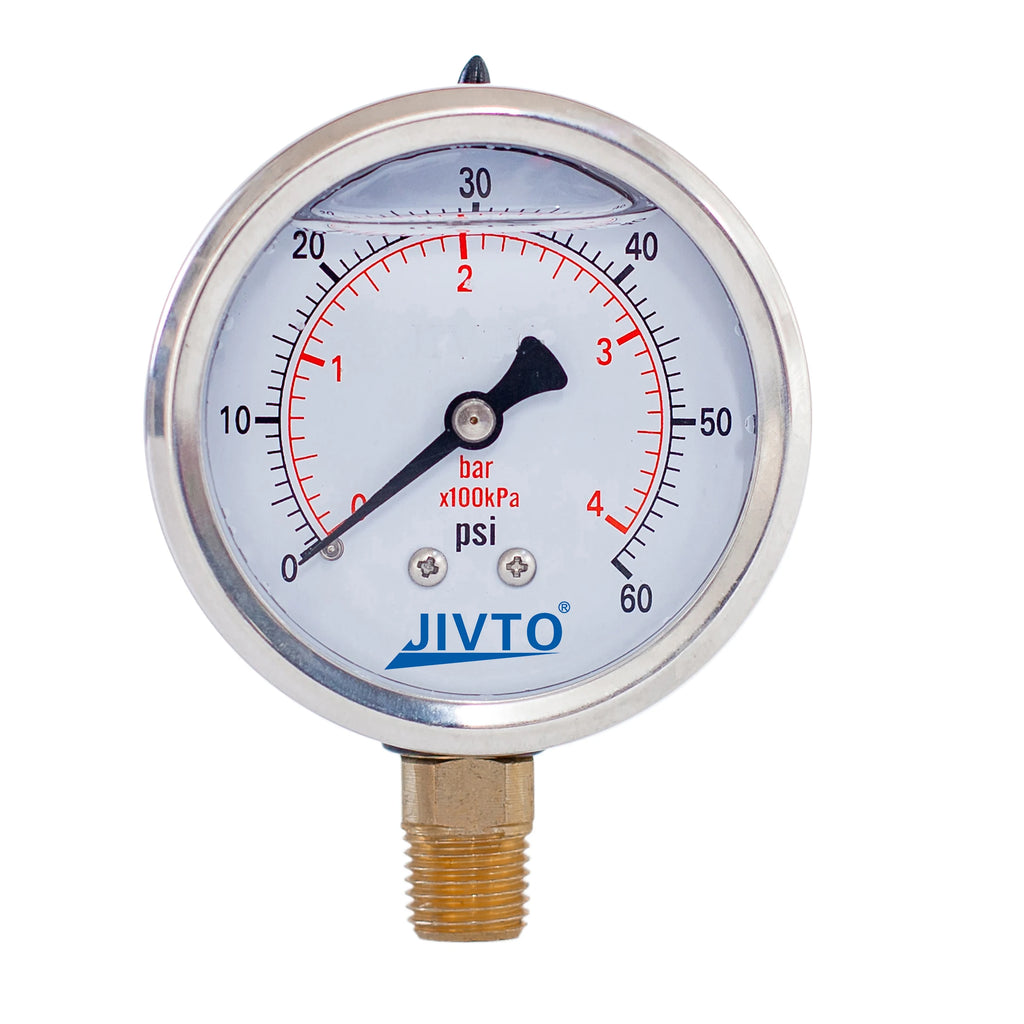 JIVTO Glycerine Filled Pressure Gauge 2.5 Inch 1/4 BSP Lower Mount 15,30,60, 100,160,200,300,400,600,3000 Psi & Bar, Shockproof