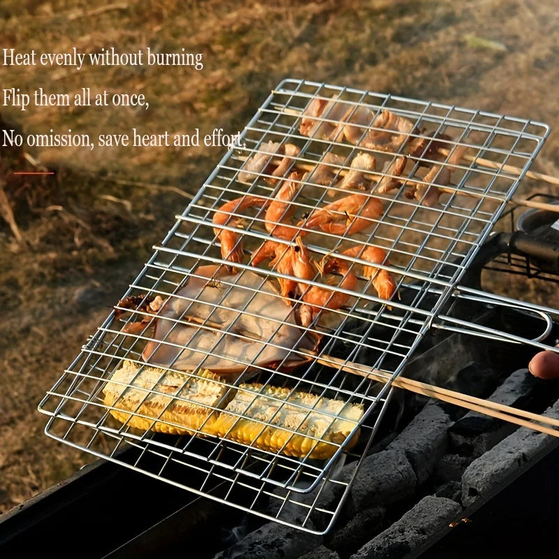 1pc Foldable BBQ Grill Basket Fish Roaster, Portable Vegetable Basket Fish Holder With Removable Handle
