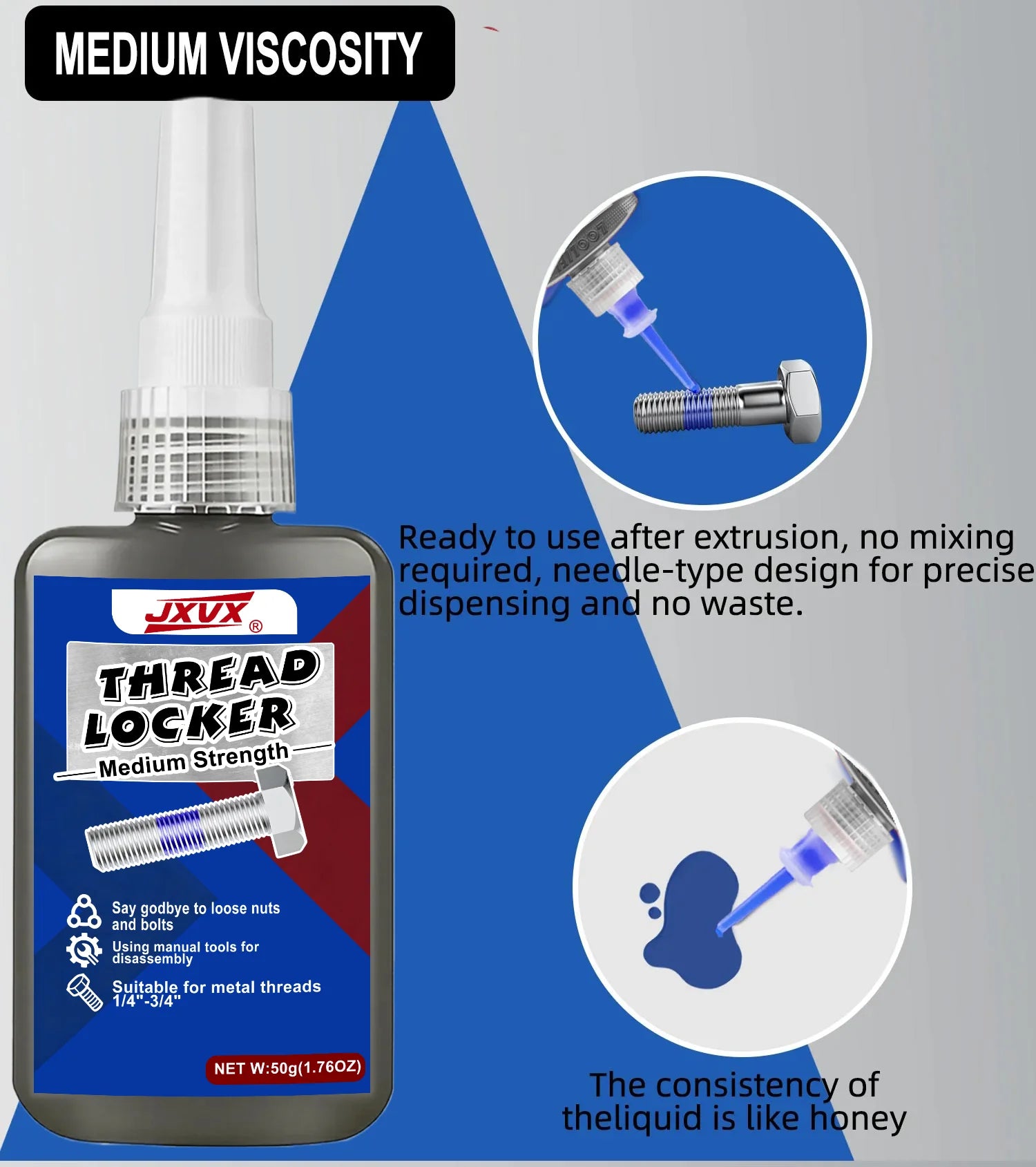 Medium strength blue liquid fillet brakes, removable; Thread adhesive sealant to prevent loosening and rust; 50/10 ml bottle; anti-rust; component replacement sealant.
