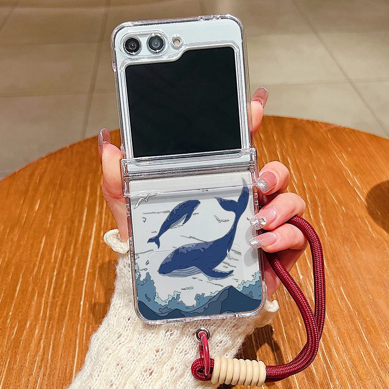 Shark Turtle Print Lanyard Phone Case For Samsung Galaxy Z Flip 8 7 FE 6 5 4 3 5G Folding Hard Clear Cover For Samsung Z Flip7 6