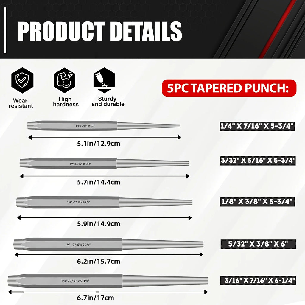 16Pcs Punch and Chisel Set With Storage Pouch, Including Taper, Cold Chisels, Pin, Center, Chrome Vanadium Steel