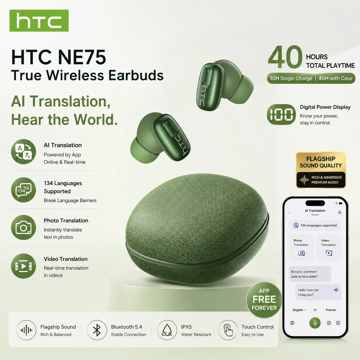 HTC NE75 Bluetooth Earphones Long Battery Soft Wireless Headphones AI translator Earbud 135 Language Low Latency Battery Display