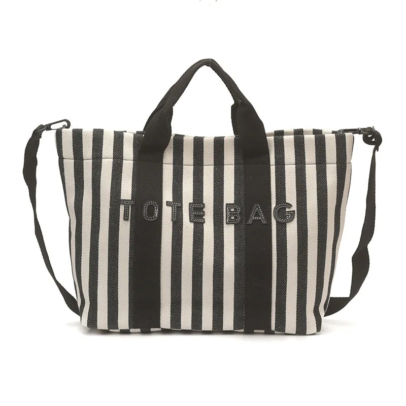 Fashion Striped Contrasting Tote Bag Large Capacity Casual Canvas Shoulder Crossbody Bag Versatile Letter Embossed Women Handbag