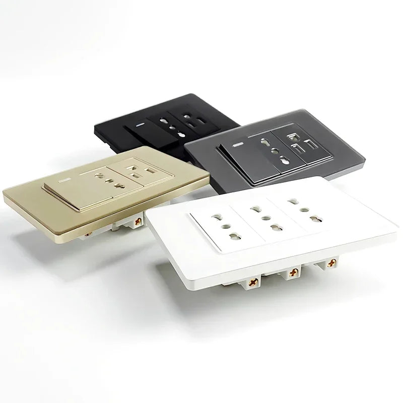118*75mm Tempered Glass Socket US Wall Socket Grey Thai USB Socket Plug with Dual USB Type-C Ports,Light Switch 110V
