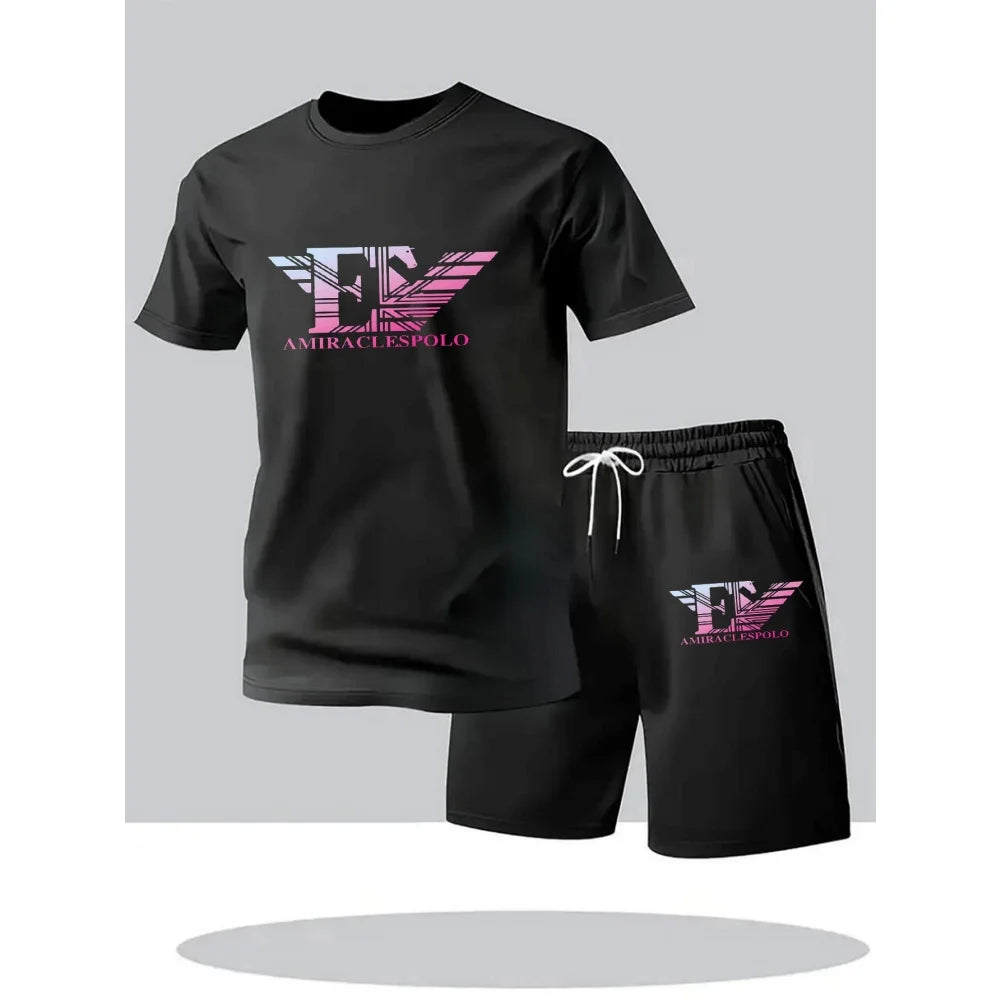 Men's Casual Fitness Two Piece Set Short Sleeve T-Shirt + Shorts Breathable Quick Dry Running Gym T-Shirts Sets Hot Sale