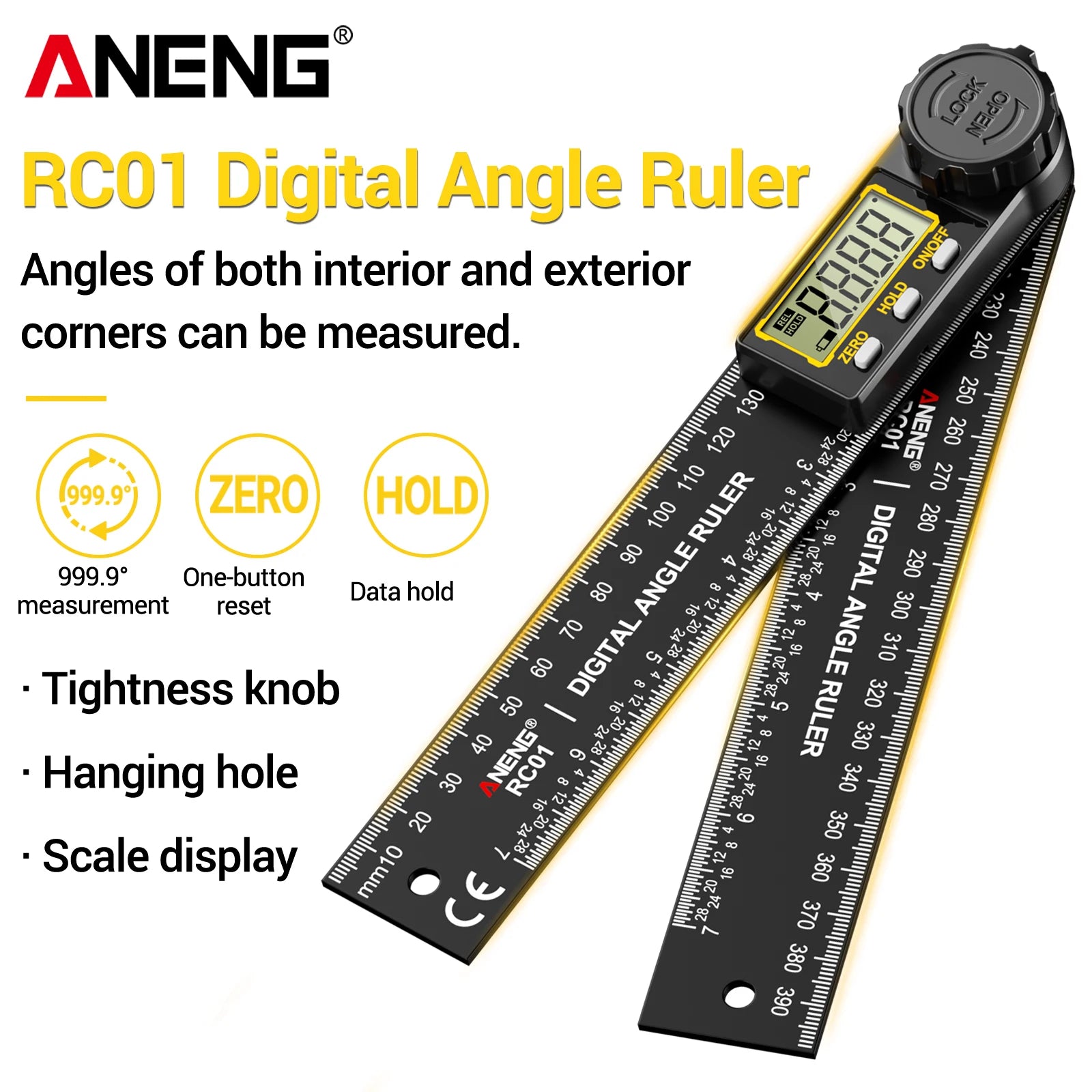 ANENG RC01 Digital Protractor Angle Finder Goniometer 0.1° Resolution ±1% ±0.5° Accuracy 0.0°-999.9° Woodworking Measuring Tool