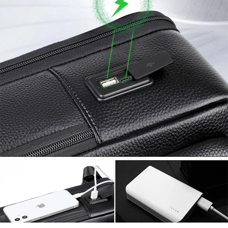 100% Genuine Leather Backpack Men 15.6 Inch Laptop Backpack USB Charge Anti-Theft Waterproof Large Capacity Male Travel Bags