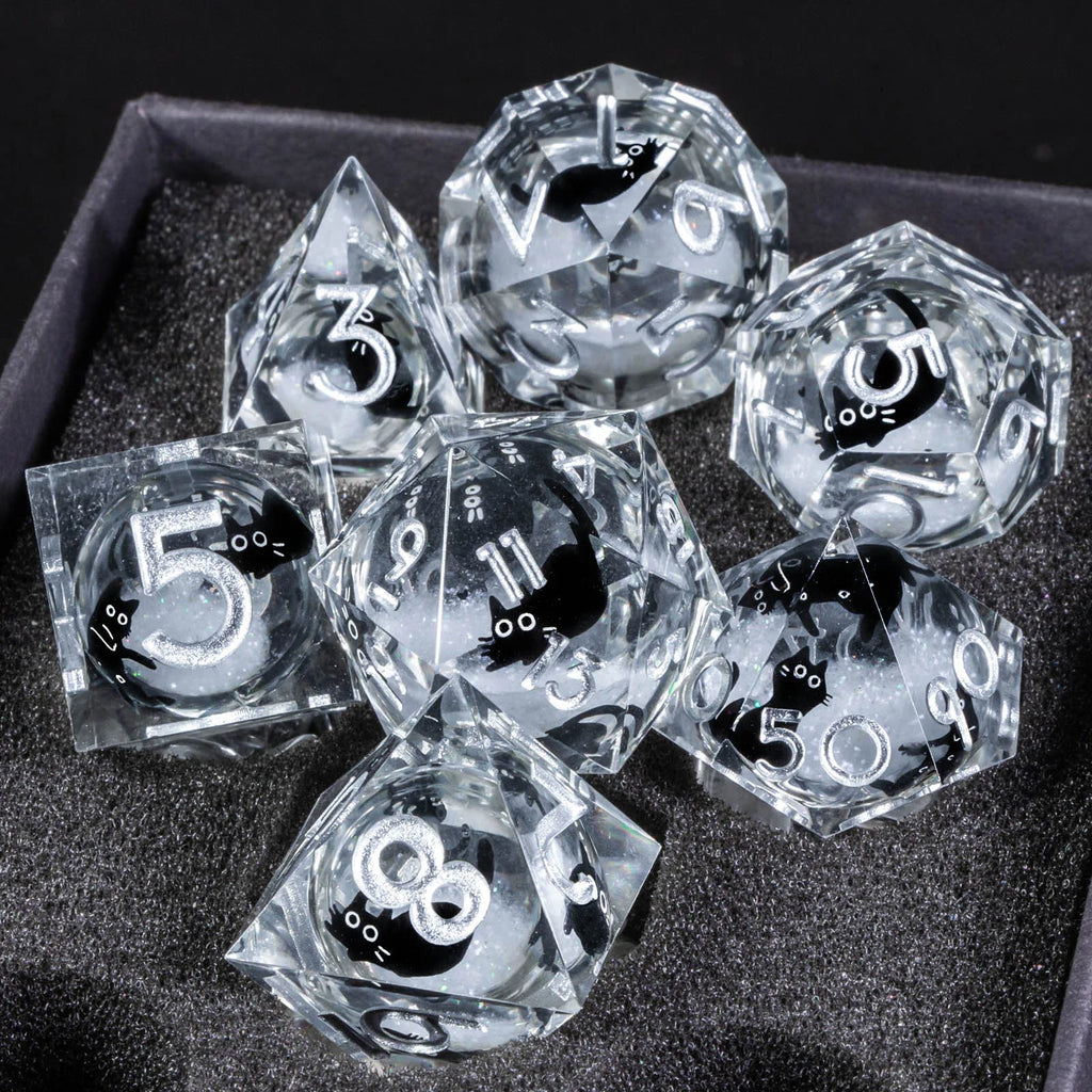 Cat Resin Dice Set DND, Liquid Core D&D Dice, Cute Dungeon and Dragon Dice, Sharp Edge Role Playing Dice D20 D12 D10 D8 D6 D4
