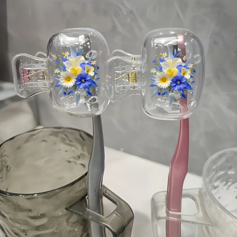 2pcs Fresh Violet Floral Portable Dustproof Odorless Toothbrush Case with Ventilation Holes to Keep Brush Heads Clean and Dry