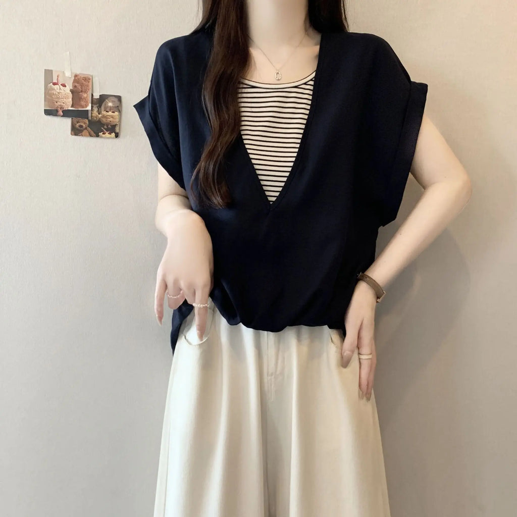 Summer Plus Size Women's Hot-selling Contrast Color Striped Loose Hiding Flesh Slimming Round Neck Short Sleeve T-shirt