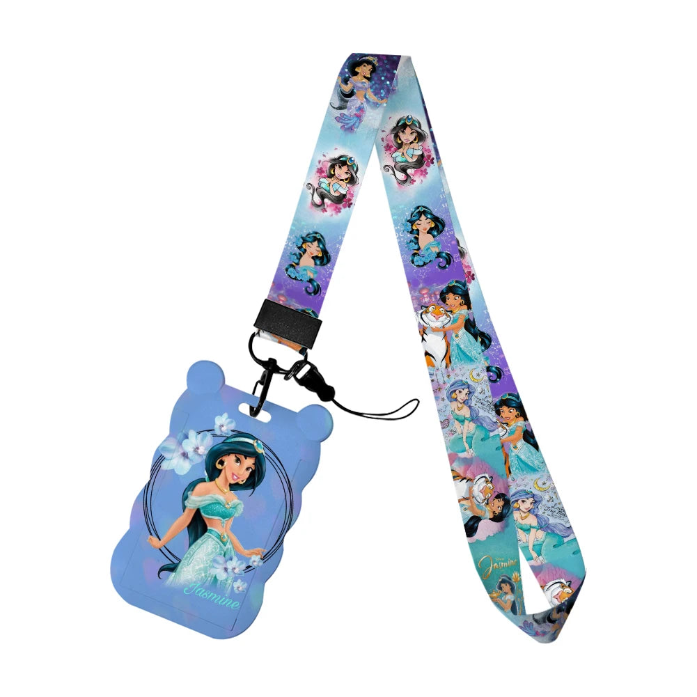 Disney Jasmine Princess Irregular Head Shape Badge Holder Lanyard Keys Chain ID Credit Card Cover Bus Card Holder Glitter Charms