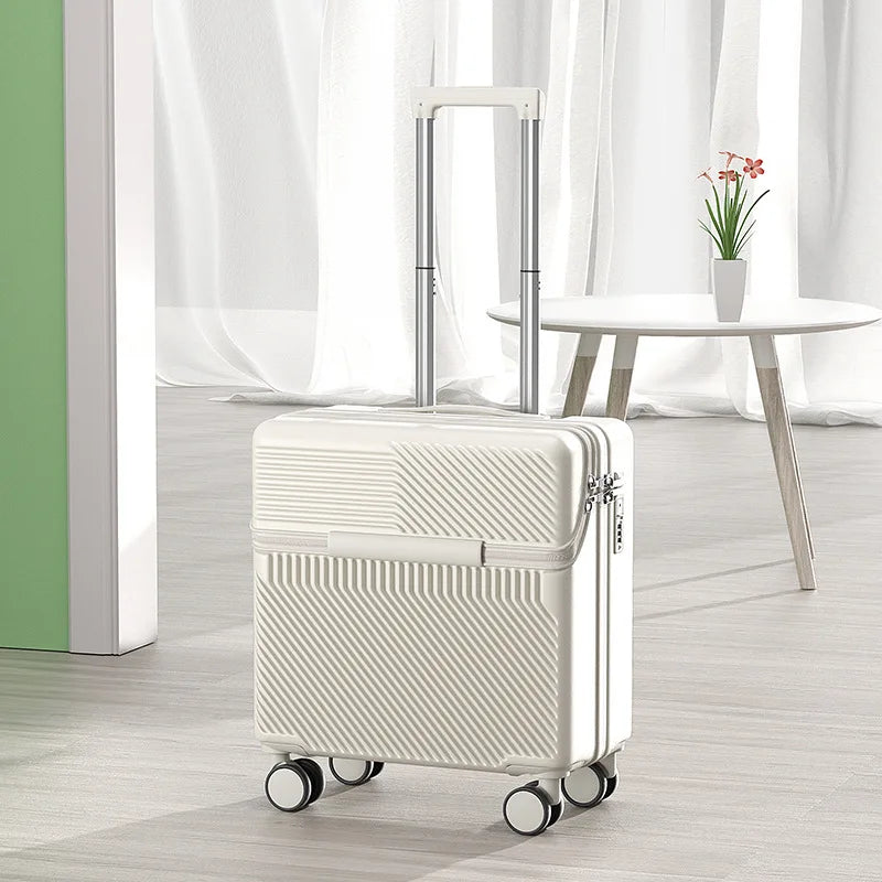 18 inch Front Opening Travel Suitcase Trolley Luggage Password Case Cabin Boarding Suitcase With USB Charging Port Cup Holder