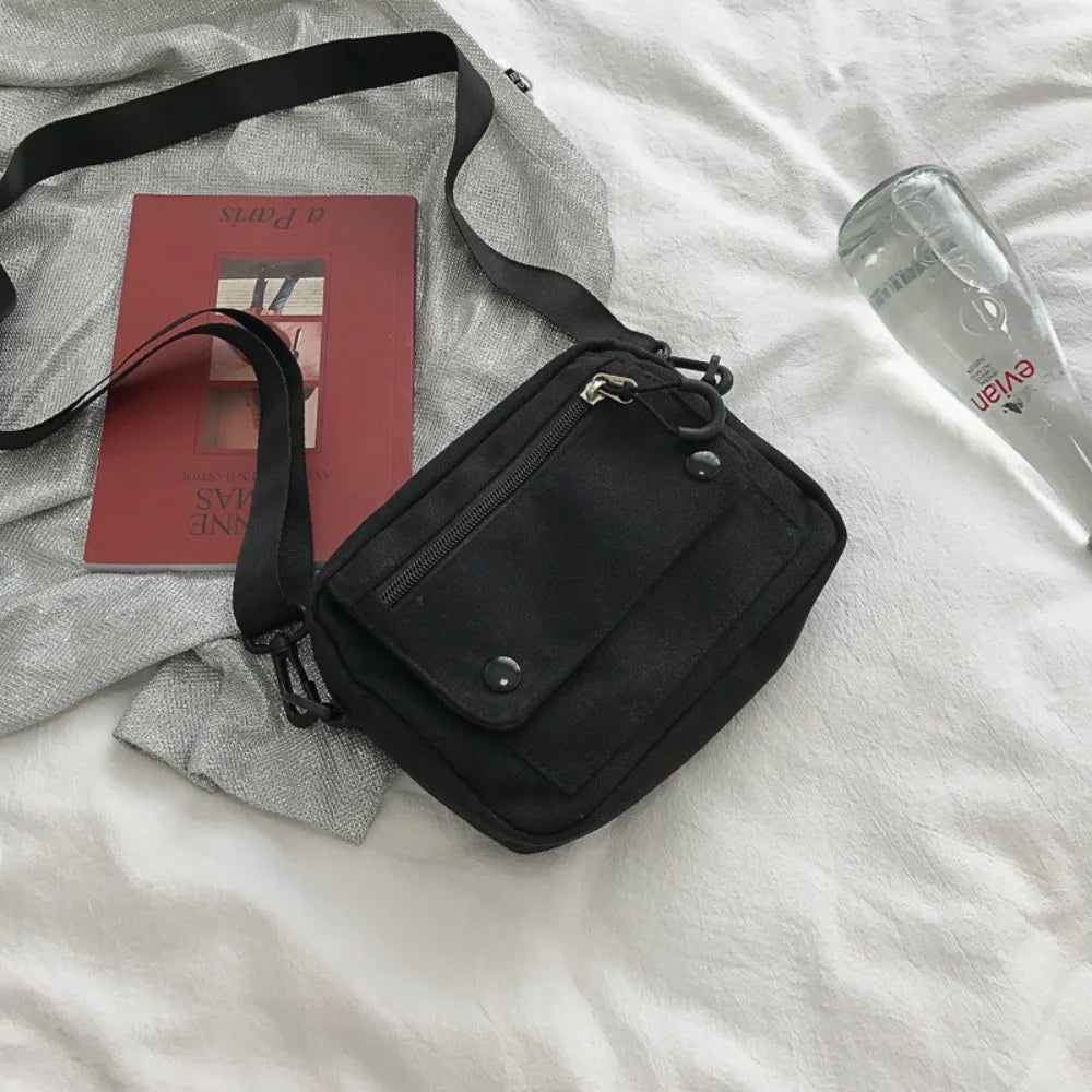 Korean Pure Color Canvas Shoulder Bag Zipper Canvas Mobile Phone Bag Multifunctional Casual Tote Handbag Women Men