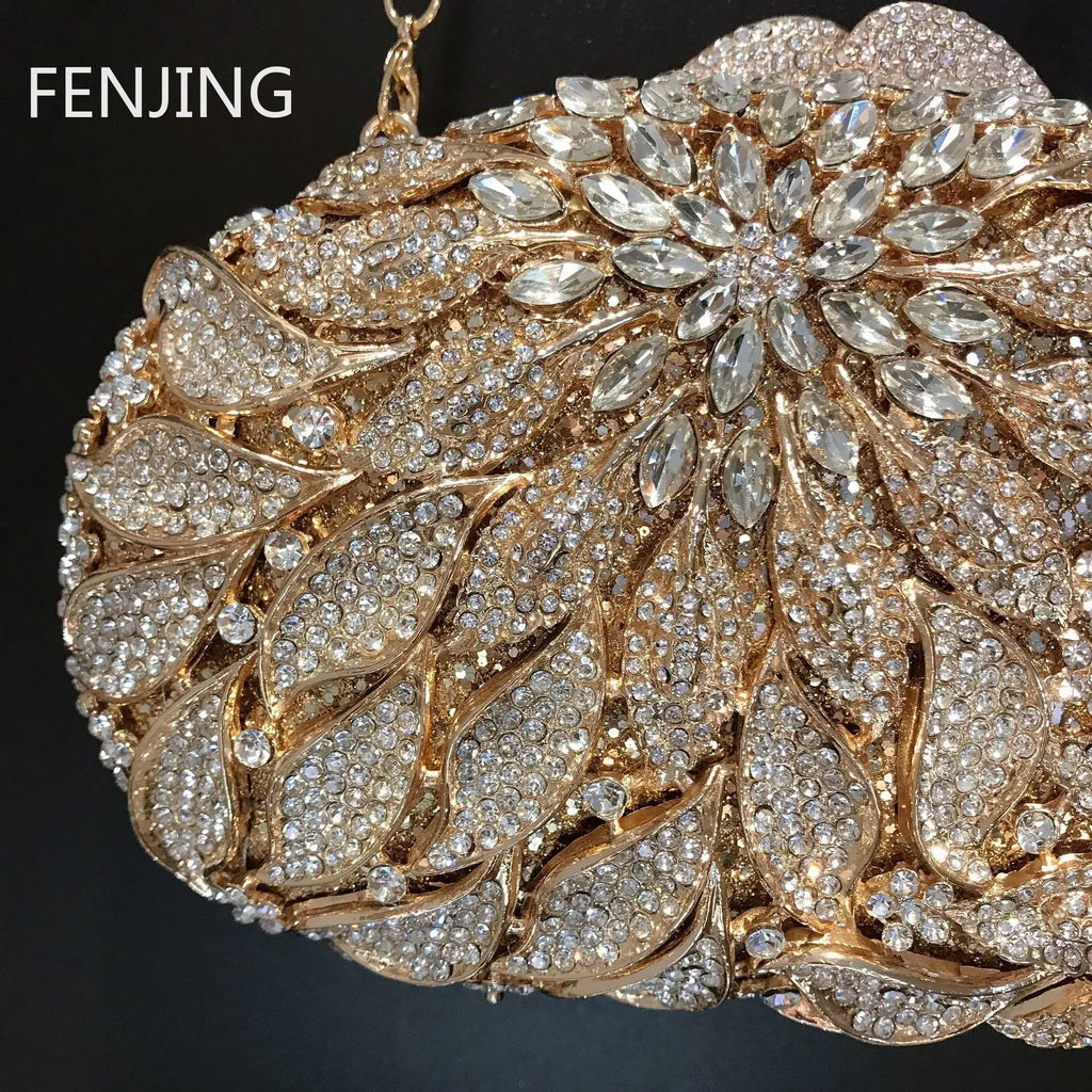 Gold Metal Leaves White Crystals Evening Clutch Bags Luxury Women Wedding Party Purse Ball Handbags Rhinestone Mini Shell Bag