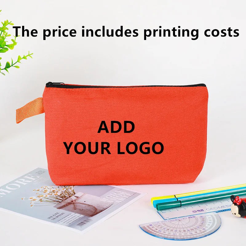 20/30/50/100bags/lot Customized Logo Colored Canvas Makeup Bag, Women's Handbag, Student Pencil Case 25x13x4.5cm