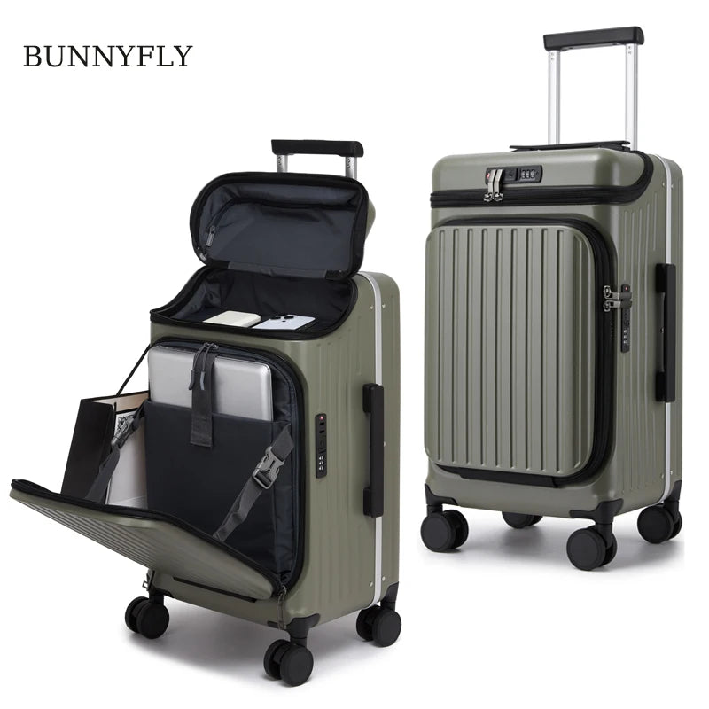 100% PC Hard Shell Luggage Front & Top Opening Suitcase with Spinner Wheels TSA Lock Laptop Compartment, Carry-On Travel Trolley
