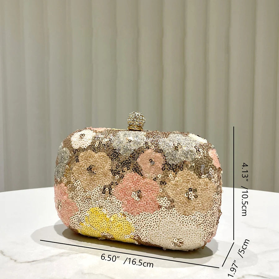 New Handbag Women's Sequin Flower Hand-Held Cross-Body Clutch Purse Cheongsam Chains Small Box Bag Gold Bag Evening Bag Bolsa