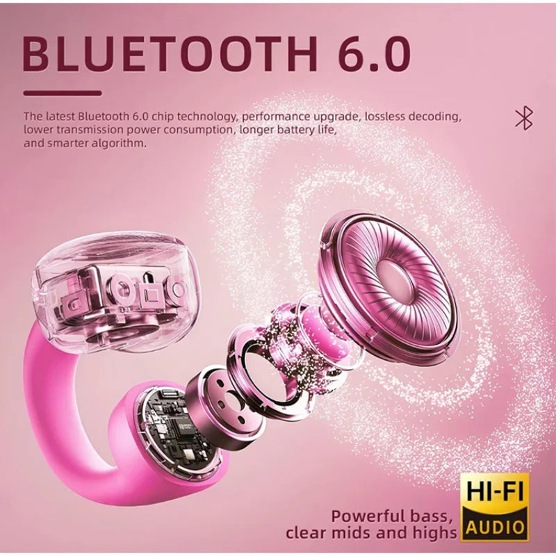Open Ear Wireless Earphones With Mics Sports Ear Clip on Earbuds Touch Control LED Power Display Bluetooth 5.4 OWS Headphones