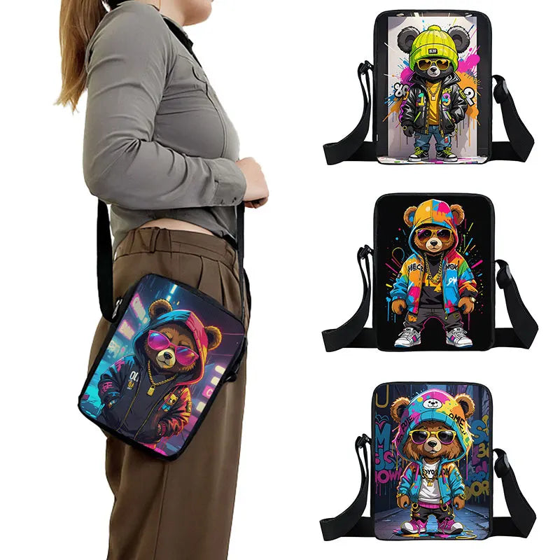 Cute Graffiti Bear Print Crossbody Bags Teenager Boy Girls Women Shoulder Bag Phone Keys Portable Card Storage Bags Gift
