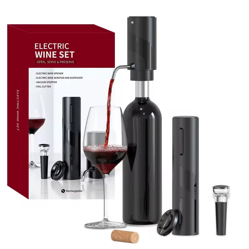 2024 New Design 4-in-1 Lithium Rechargeable Electric Bottle Wine Opener Set, Wine Aerator Pourer,Foil cutter,Wine stopper