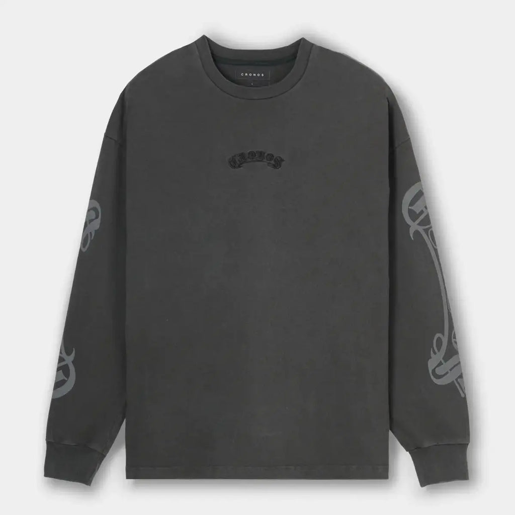 CRONOS Men's Oversized Long Sleeve T-Shirt Gothic Script Print Streetwear Tee Casual Hip Hop Fashion Gym Fitness Workout Tops
