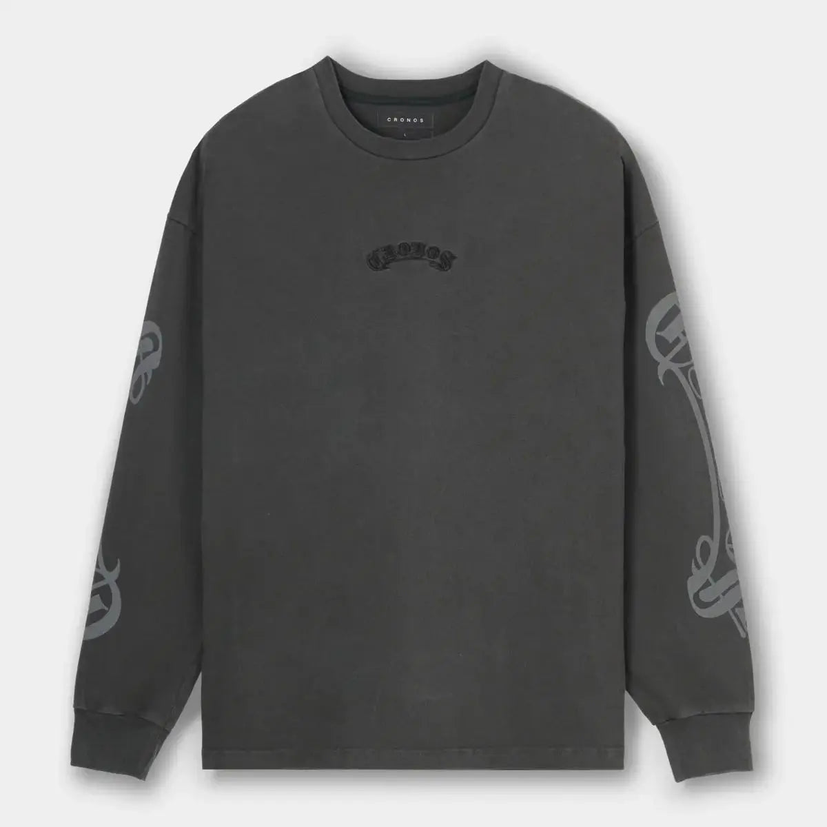 CRONOS Men's Oversized Long Sleeve T-Shirt Gothic Script Print Streetwear Tee Casual Hip Hop Fashion Gym Fitness Workout Tops