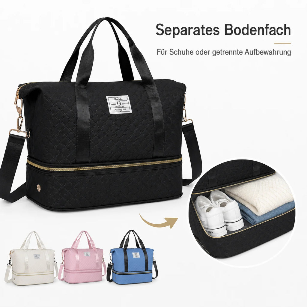 Large Quilted Travel Duffle Bag with Separate Bottom Compartment and Adjustable Shoulder Strap for Weekend and Gym