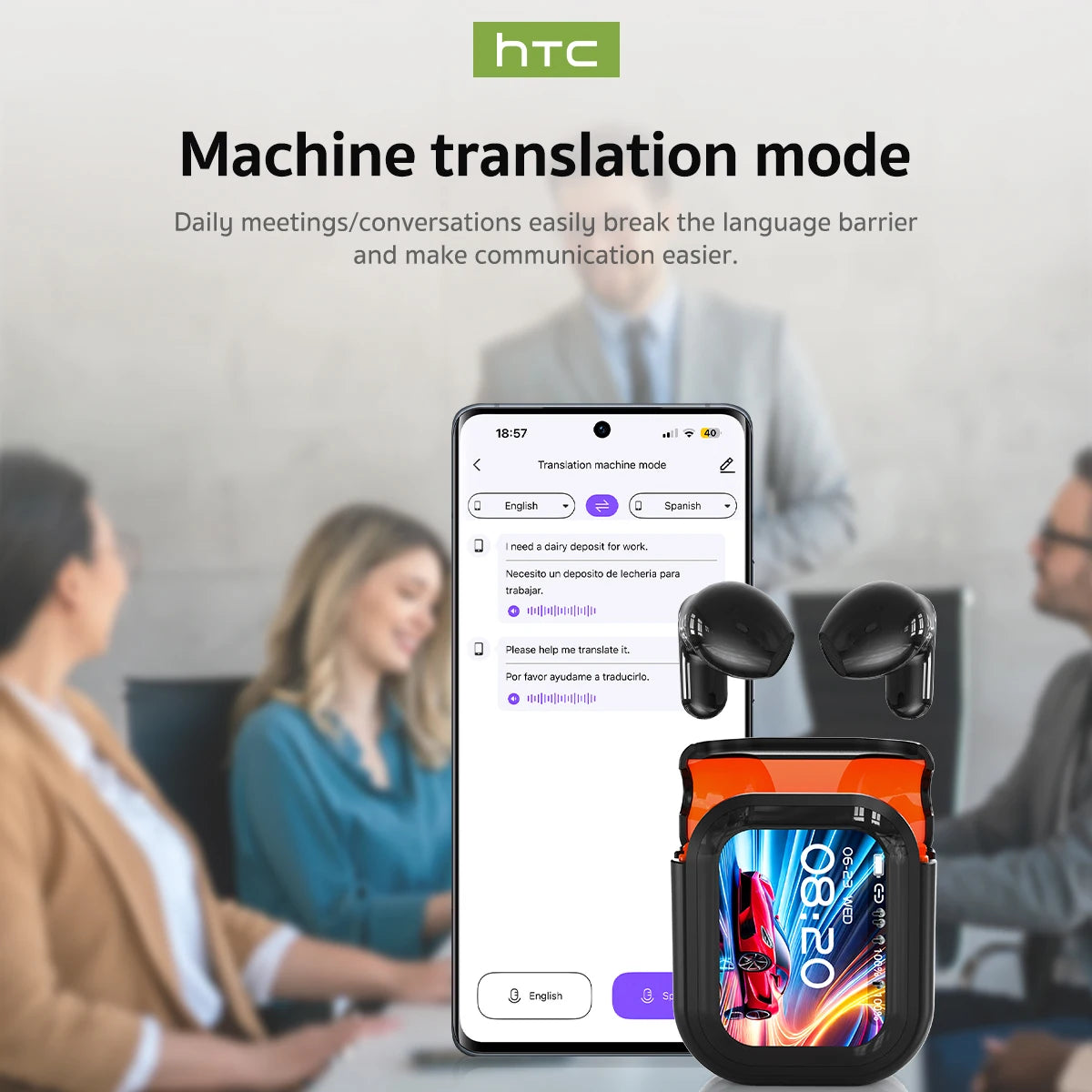 Translator HTC NE20 New Bluetooth 6.0 Wireless Headphones Translation Earphones IPX4 Waterproof Rating Long Battery Life