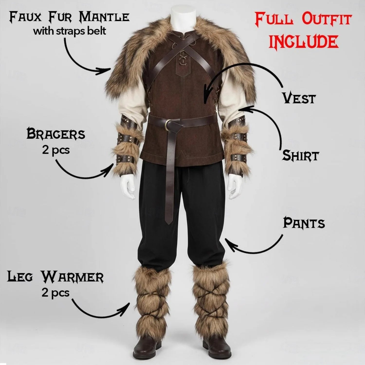 Set Medieval Renaissance Knee Length Outfits Fancy Costume Faux Fur Costume Warrior Men's Viking Halloween Carnival LARP