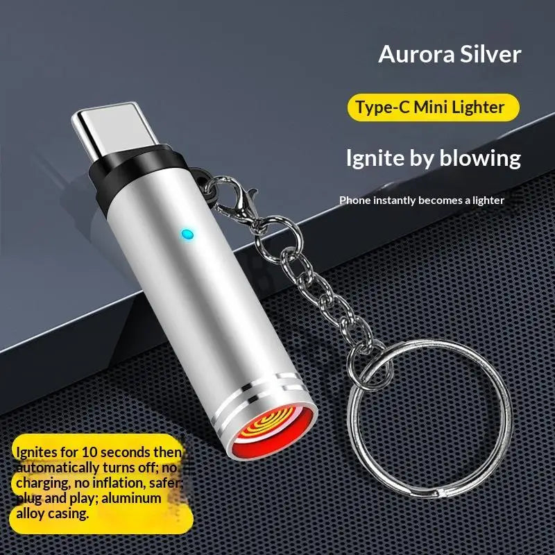 Type C Mini Lighter Blow-to-Ignite Auto Shut-Off For Air Travel Outdoor No Battery No Flame Portable Safety Lighter Adapter