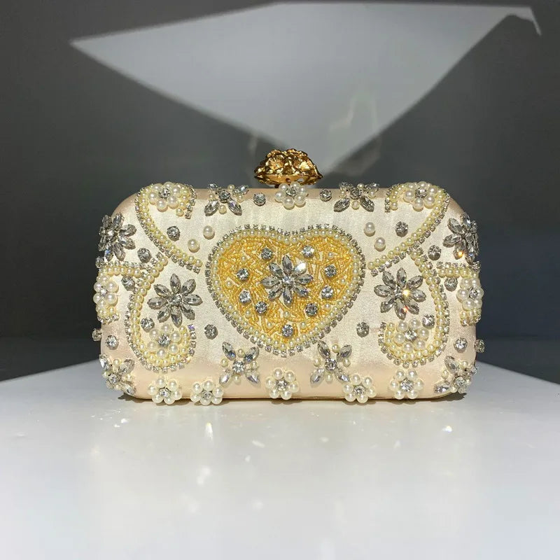 2025 Satin Vintage Women Party Evening Bags Metal Flower Luxury Diamonds Clutch Rhinestones Handbags Chain Shoulder Bag