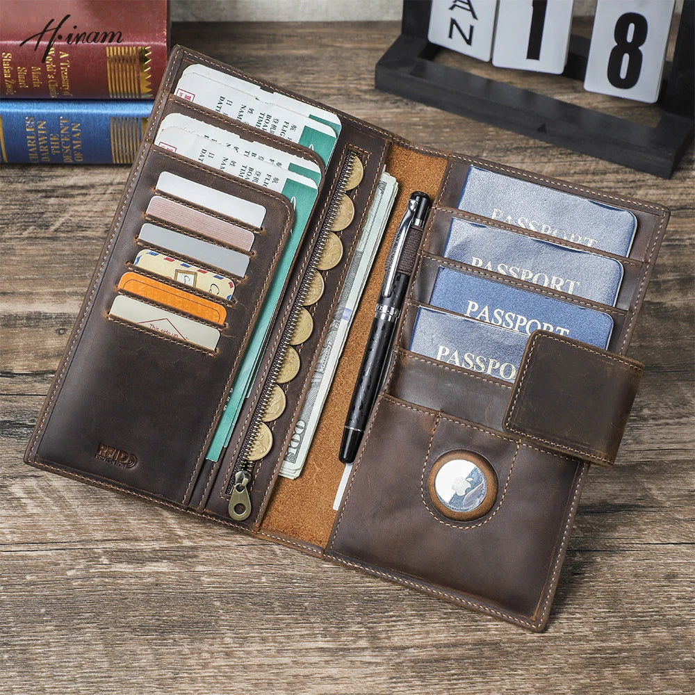 Genuine Leather Family Passport Wallet with Anti-lost Airtag Case Passport Cover For Cards Pen Holder Passport Travel Clutch Bag