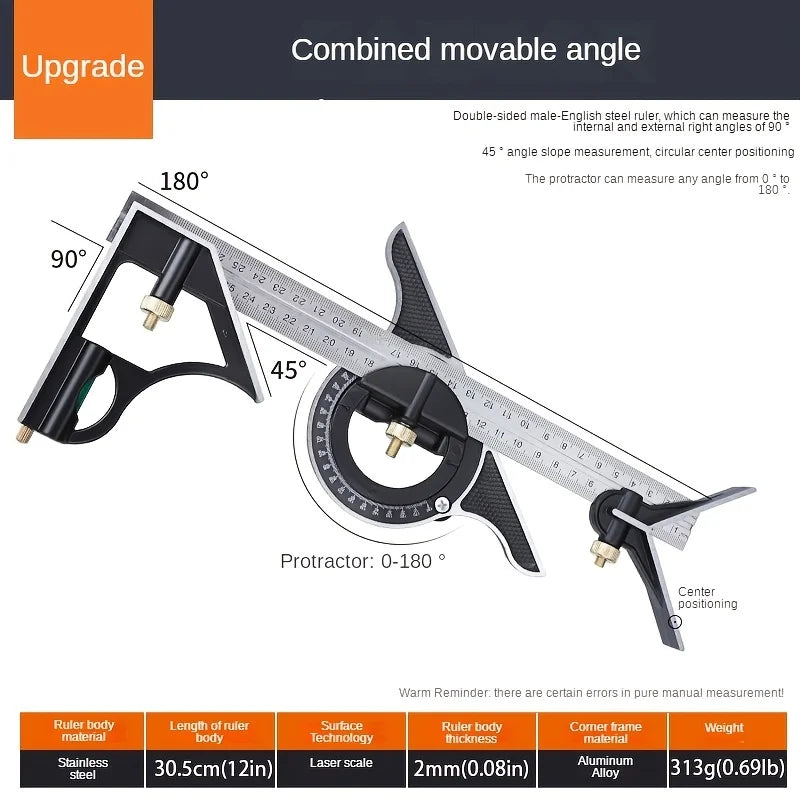 Adjustable Combination Right Angle Ruler 45/90 Degrees with Bubble Level Gauge, Multifunctional Measuring Tool, Measuring Ruler