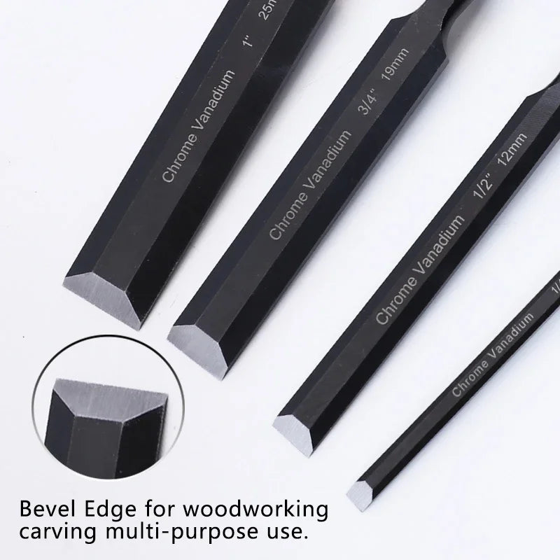 Wood Chisel Set Chrome Vanadium Steel Sharp Carving Bevel Edge Soft Grip for Woodworking Carving with Roll Bag 4pcs