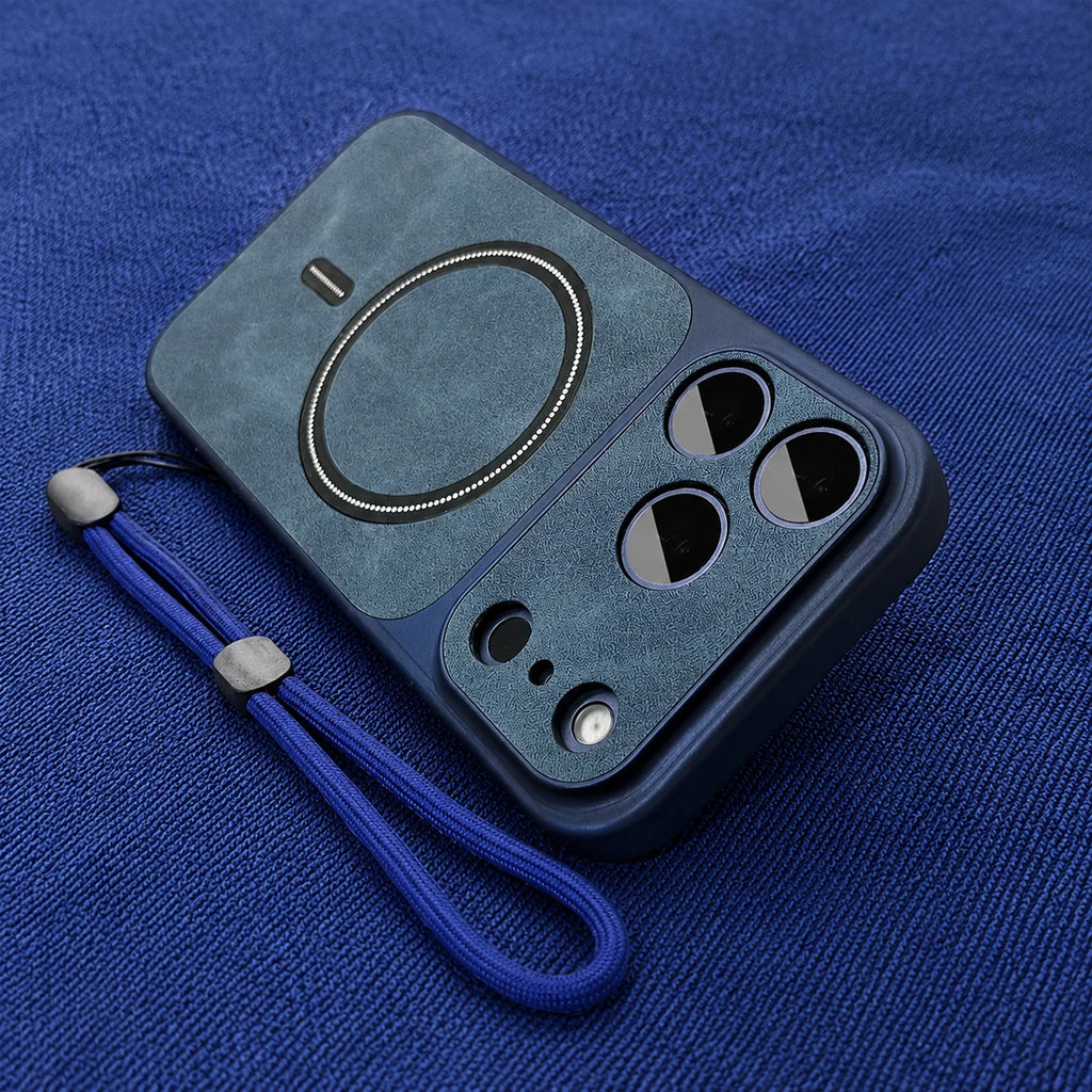 Luxury Matte Leather Magnetic Phone Cases for IPhone 17Air 17 16 15 14 13 Pro Max for Magsafe Wireless Charge with Lanyard Cover
