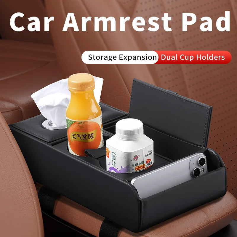 HOMEFISH Car Armrest Heightening Pad Storage Box Tissue Box Cup Holder Luxury Console Pad Multifunctional Interior Organizer
