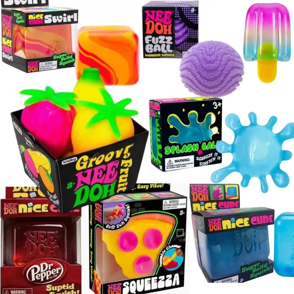 Needoh Cubo Sensorial Antiestrés Suave y Glutinoso Relleno de Gel, Bola Elástica, Caja Sorpresa de Hielo Suave, Rebote Lento