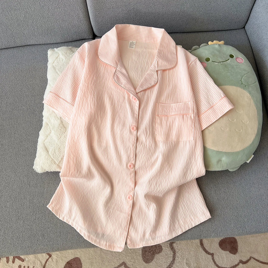 Women's Summer Pajamas, Thin Striped Pattern Short-Sleeved Shorts, Sweet and Cute, Can Be Worn Outside in Summer, Two-Piece Home Wear Set