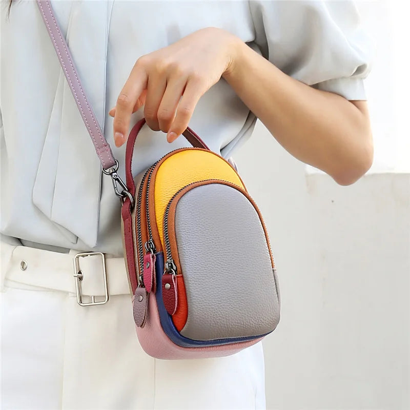 Leather mobile phone storage, hand-held crossbody bag with top layer cowhide color contrast, large capacity single-shoulder bag