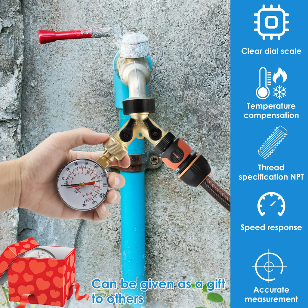 Universal Water Pressure Test Gauge TS-60 - 200 PSI for Water Pump Hose Faucet Garden Hose - Precise PSI Gauge